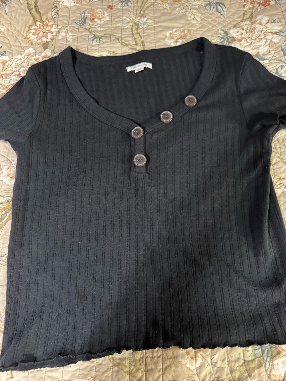 American Eagle Outfitters Black Ribbed Short Sleeve Henley Tee with Buttons